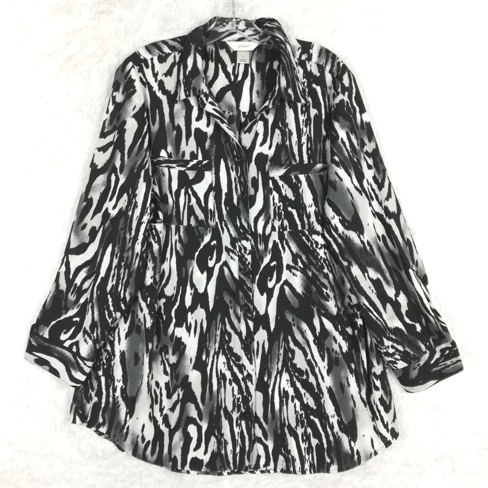 CJ Banks Womens Shirt Blouse Black White Abstract Stripe Roll Tab Sleeve Plus 1X